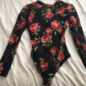 Flower print long sleeve mock neck body suit